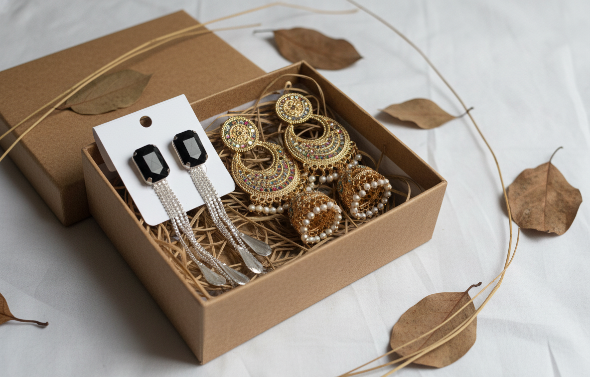 2-Pair Combo: Traditional Jhumka Earrings & Black Stone Dangler Set