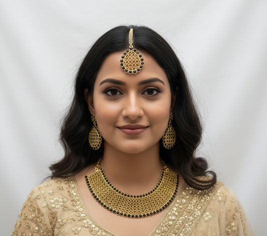 Ethnic Gold & Black Stone Choker Necklace Set with Coordinating Maang Tikka