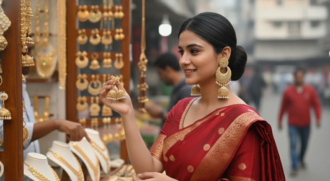Ethnic Bridal Wedding Look Jhumka with Multicolour Stone & Pearl Work
